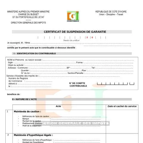 Aperçu du document Comprendre le Certificat de Suspension de Garantie en Côte d'Ivoire — Démarches administratives