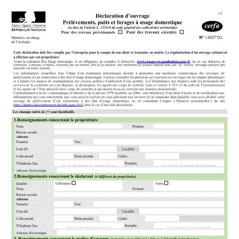 Aperçu du document Formulaire 13837*03 : déclarer son puits ou forage domestique — Démarches administratives (CERFA n°13837*03)
