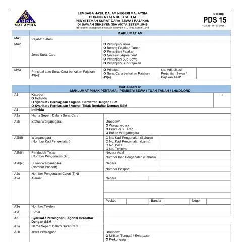 Document preview: Peranan Borang PDS 15 dalam Perjanjian Sewa dan Pajakan — Cukai & percukaian