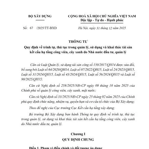 Document preview: Quy trình quản lý tài sản công viên theo Thông tư 67/2025/TT-BXD — Ngân hàng & tài chính (CERFA n°67/2025/TT-BXD)