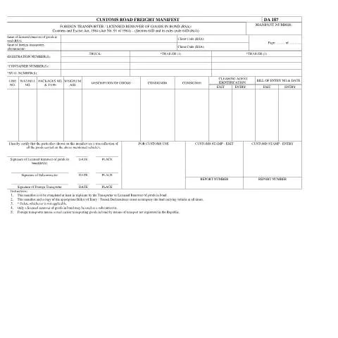 Document preview: Understanding the DA 187 Customs Road Freight Manifest — Government & admin (CERFA n°DA 187)