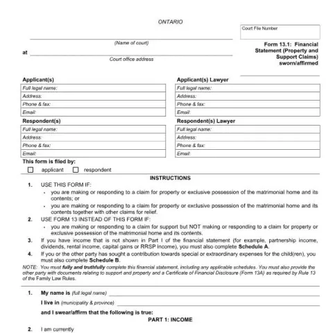 Document preview: Guide to Form 13.1: Financial Statement for Ontario Family Law Cases — Legal & justice (FLR 13.1)