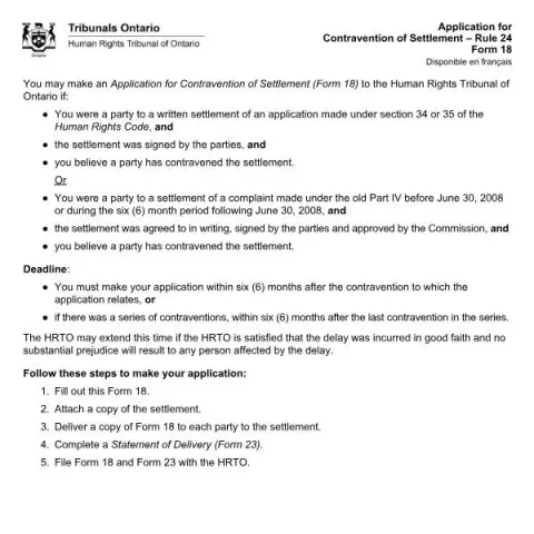 Document preview: Understanding the Application for Contravention of Settlement, Rule (English / French) — Legal & justice (Form 18)