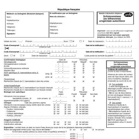Aperçu du document Déclaration obligatoire : bilharziose autochtone en France — Santé (CERFA n°15549*01)