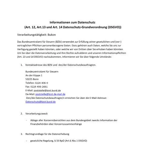 Dokumentvorschau: Verstehen des Bukon-Formulars des BZSt zum Datenschutz — Behörden & Verwaltung (CERFA n°Bukon)