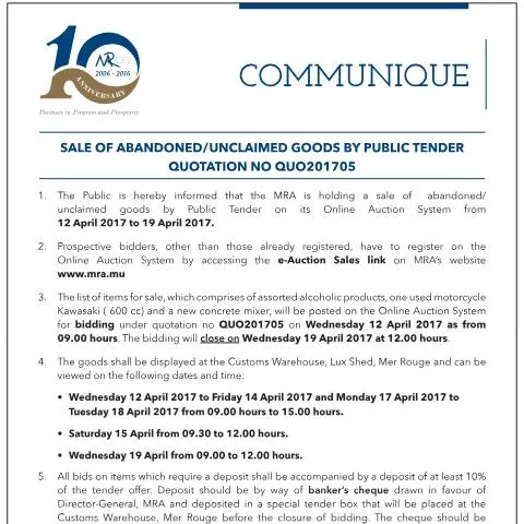 Document preview: Participate in the Sale of Abandoned Goods by Public Tender — Government & admin (CERFA n°Qu05of2017)