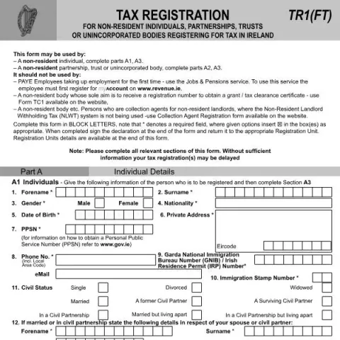 Document preview: How to Complete the TR1(FT) Tax Registration for Non-Residents — Taxes (TR1(FT))