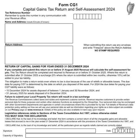 Document preview: Capital Gains Tax Return Using Form CG1 — Taxes (Form CG1)