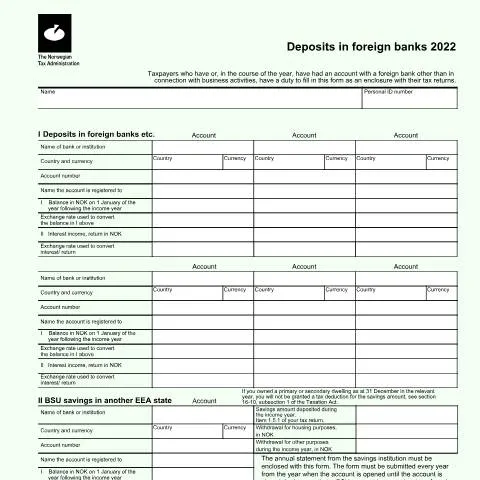 Document preview: Forpliktelser ved utenlandske bankkontoer i Norge — Skatt & avgifter (CERFA n°RF-1231)