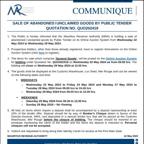Document preview: Mauritius Revenue Authority Announces Public Sale of Unclaimed Goods — Government & admin (CommuniqueQuo202419)