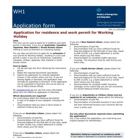 Document preview: Guide til WH1/2 formularen for Working Holiday i Danmark — Job & arbejde (CERFA n°WH1/2)