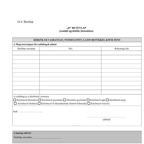Document preview: A 16.4. D betétlap szerepe a családi együttélésben — Bevándorlás & vízumok