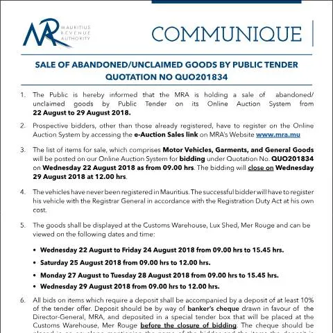 Document preview: Understanding Mauritius' Abandoned Goods Auction Process — Government & admin (Communique34of2018)