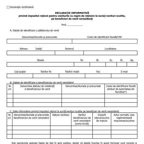 Document preview: Declarația Informativă pentru Venituri Nerezidente - HG 1/2016 — Formalități administrative (CERFA n°AnexaNM_T6CF)