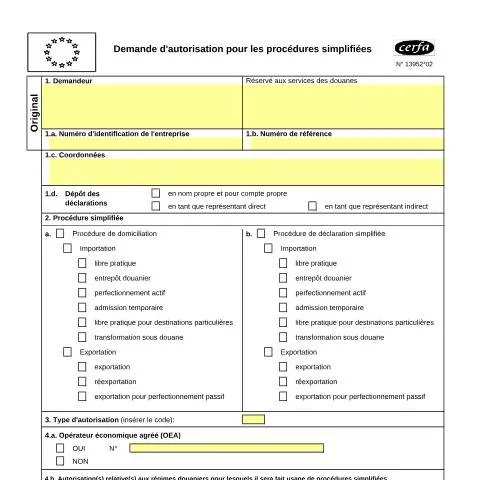 Aperçu du document Autorisation des procédures douanières simplifiées pour entreprises — Démarches administratives (CERFA n°13952*02)