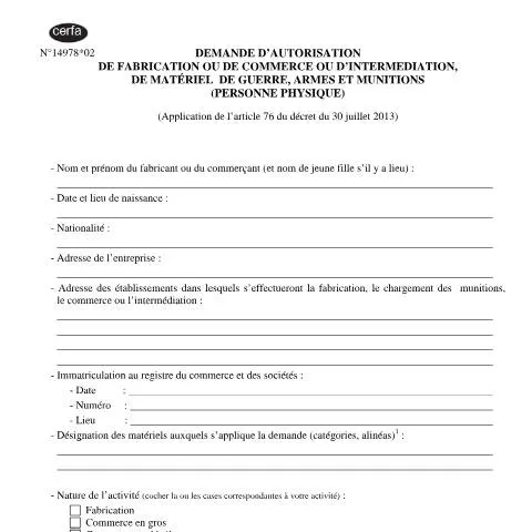 Aperçu du document Demande d'autorisation armement : guide complet du formulaire 14978*02 — Juridique & justice (CERFA n°14978*02)