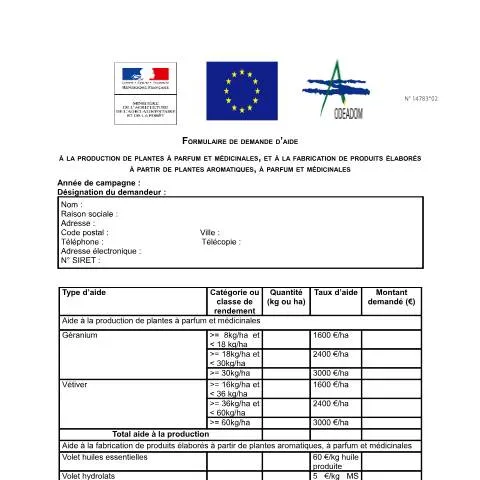 Aperçu du document Formulaire 14783*02 : soutien aux producteurs de plantes aromatiques — Aides & prestations sociales (CERFA n°14783*02)