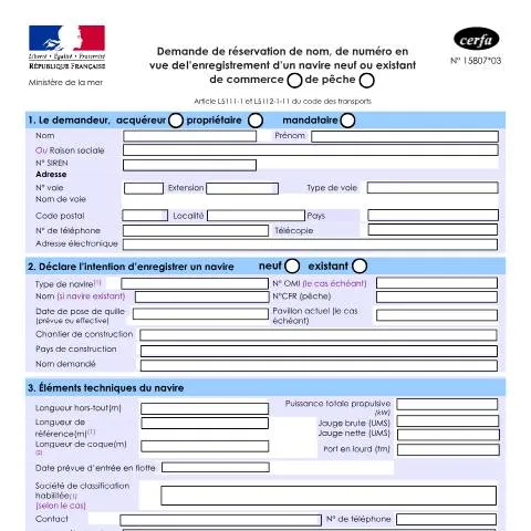 Aperçu du document Demande de réservation anticipée pour navires neufs et existants — Démarches administratives (CERFA n°15807*03)