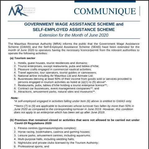 Document preview: Extension of Government Wage and Self-Employed Assistance Schemes for — Benefits & social aid (CERFA n°Communique020720)