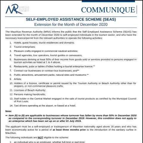 Document preview: Mauritius SEAS Extension for Self-Employed COVID-19 Relief — Work & employment (CERFA n°CommuniqueSEAS161220)