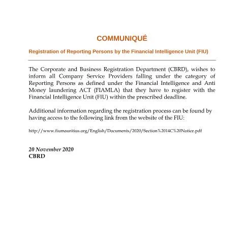 Document preview: Mauritius Official Notice: Reporting Persons Registration — Government & admin (Communique-Registration-of-reporting)