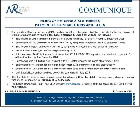 Document preview: Essential Guide to Filing Returns & Statements in Mauritius — Taxes (CommuniqueFiling121225)