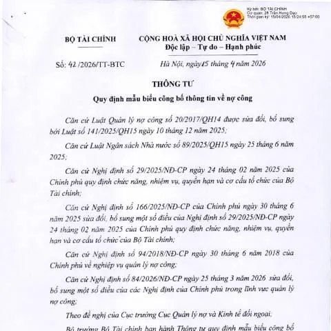 Document preview: Tìm hiểu về Mẫu Biểu Công Bố Thông Tin Nợ Công theo Thông tư — Thuế & tài chính (CERFA n°42/2026/TT-BTC)
