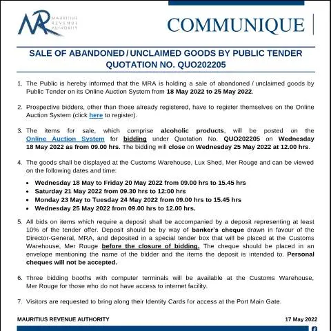 Document preview: Understanding the Public Tender for Unclaimed Goods — Government & admin (CommuniqueQUO202205)