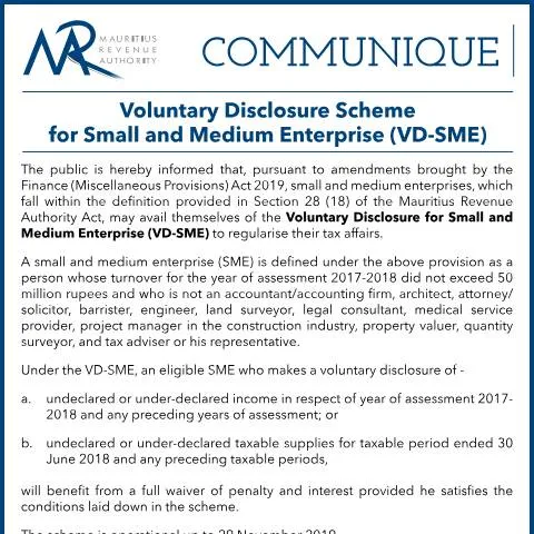 Document preview: Small and Medium Enterprises Tax Regularisation via VD-SME — Taxes (CERFA n°CommuniqueVDSME)