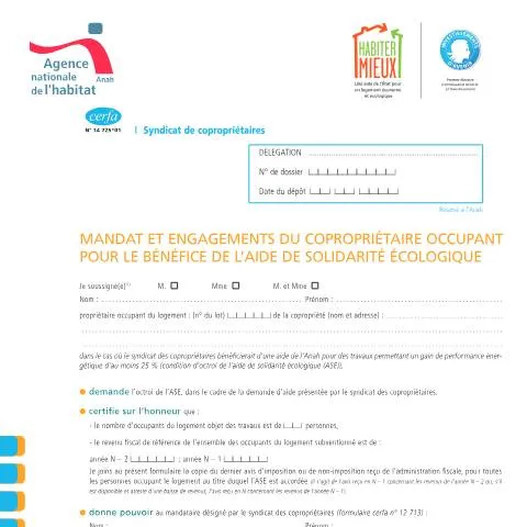 Aperçu du document Engagement du syndicat de copropriétaires pour les aides Habiter mieux — Logement (CERFA n°14725*01)