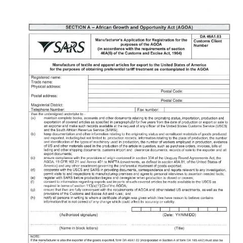 Document preview: Understanding the DA 46A1 03 Form for AGOA Benefits — Government & admin (CERFA n°DA 46A1 03)