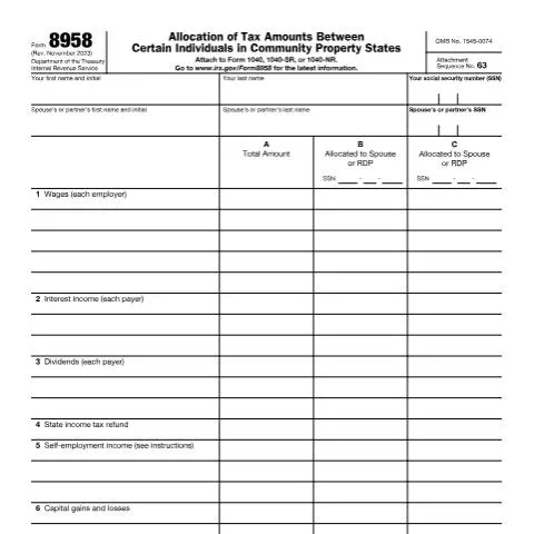 Document preview: Navigating IRS Form 8958 for Community Property Taxpayers — Taxes (CERFA n°8958)