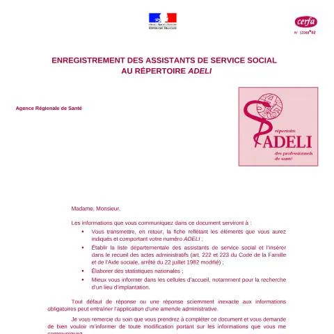 Aperçu du document Comment s'inscrire au répertoire Adéli en tant qu'assistant social — Démarches administratives (CERFA n°12268*02)