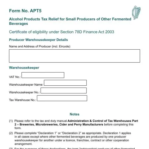 Document preview: Alcohol Products Tax Relief Certificate for Small Producers — Taxes (APT5)