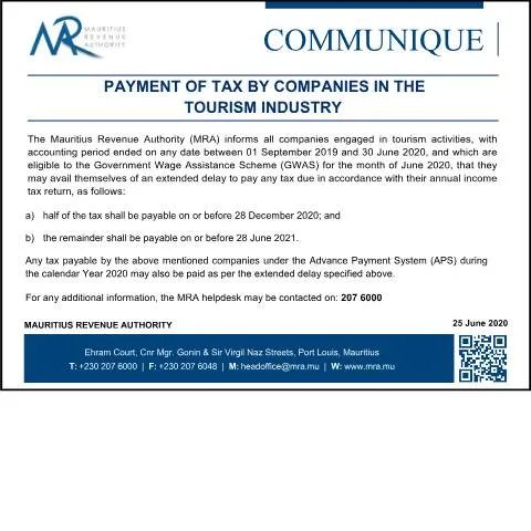 Document preview: Mauritius Extends Tax Deadlines for Tourism Industry Companies — Taxes (CERFA n°Communique20200625_Payment_of_Tax_by_Companies_in_the_Tourism_Industry)