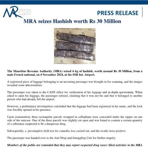 Document preview: MRA's Major Hashish Seizure Highlights Drug Enforcement Efforts — Government & admin (PressRelease051124)