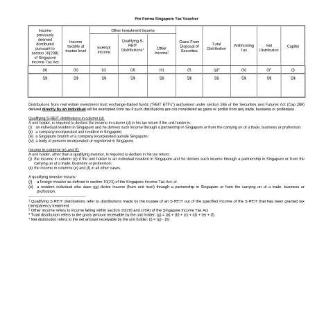 Document preview: Understanding the Singapore Pro Forma Tax Voucher for REIT ETFs — Taxes (CERFA n°PRO-FORMA-SINGAPORE-TAX-VOUCHER-(REIT-ETF))