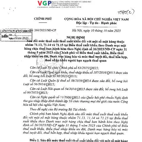 Document preview: Nghị định 260/2025/NĐ-CP và tác động đến thuế xuất khẩu — Thủ tục hành chính (CERFA n°260/2025/NĐ-CP)