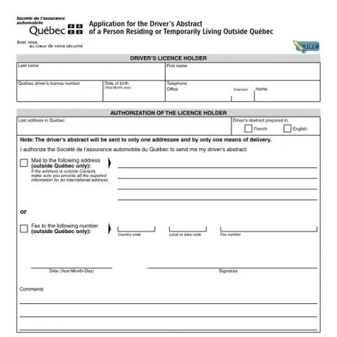 Document preview: Application for Driver's Abstract for Non-Residents (English / French) — Vehicle & driving (7147A)