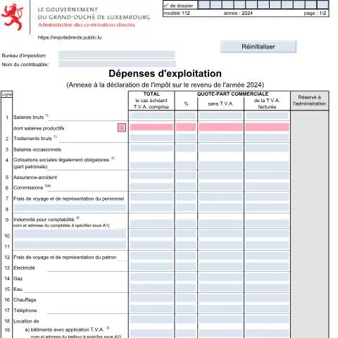 Aperçu du document Comprendre les Dépenses d'Exploitation pour Votre Impôt — Impôts & fiscalité (CERFA n°112)