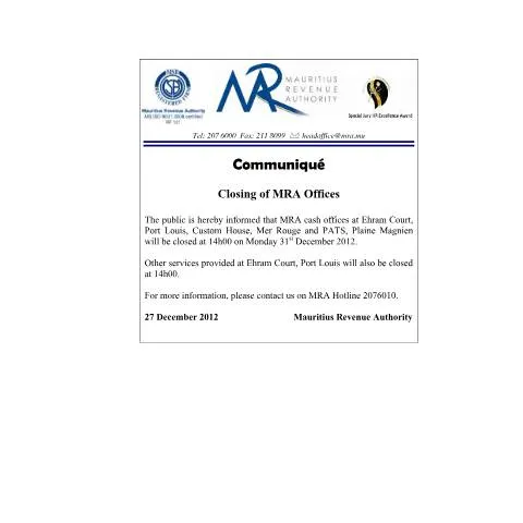 Document preview: Key Details on MRA Office Closures in Mauritius — Government & admin (CERFA n°ClosingMRAoffice2012)