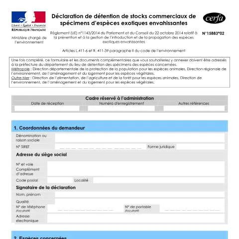Aperçu du document Formulaire 15883*02 : déclarer ses stocks d'espèces exotiques — Démarches administratives (CERFA n°15883*02)