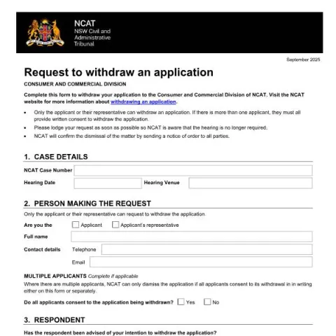 Document preview: How to Request Withdrawal of an Application with NCAT — Legal & justice
