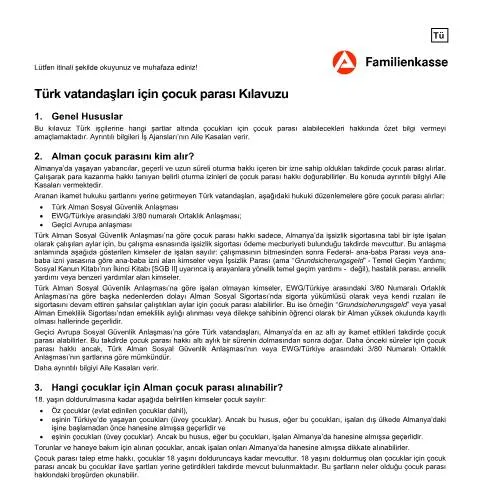 Dokumentvorschau: Merkblatt Kindergeld für türkische Staatsangehörige - Wichtige — Familie (CERFA n°kg52-t-merkblattkindergeld_ba031100)