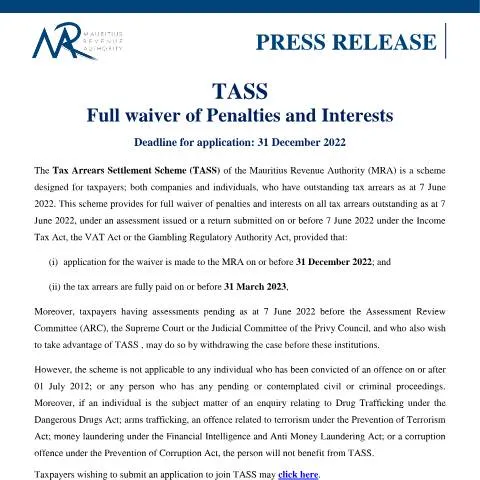 Document preview: Understanding the TASS: Relief from Tax Burdens — Taxes (CERFA n°PressReleaseTASS161222)