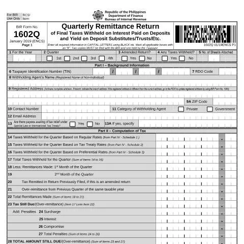 Document preview: Understanding BIR Form No. 1602Q for Financial Transactions — Government & admin (CERFA n°1602Q)