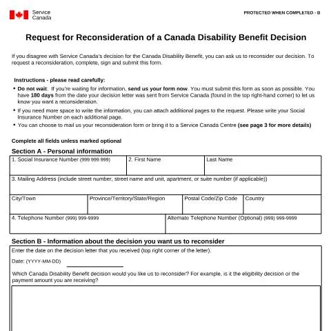 Document preview: How to Request Reconsideration for Canada Disability Benefit Decision — Benefits & social aid (CERFA n°CDB0006)