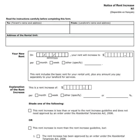 Document preview: Understanding the N1 Rent Increase Notice in Ontario (English / French) — Housing (N1)