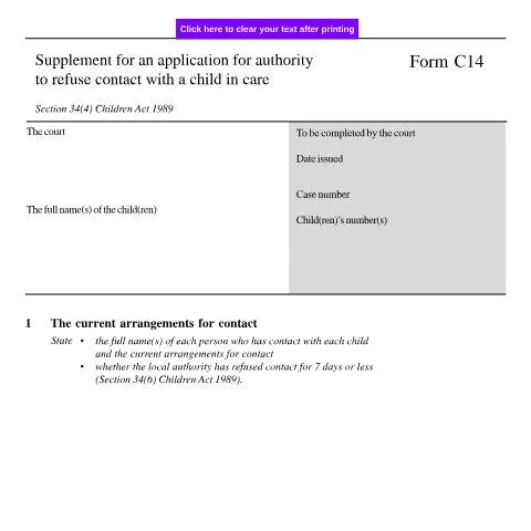 Document preview: Application for Authority to Refuse Contact with a Child in Care — Legal & justice