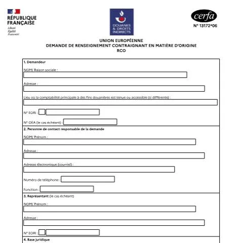 Aperçu du document Demande de renseignement contraignant sur l'origine (RCO) — Démarches administratives (CERFA n°13172*06)
